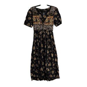 Vtg BRETT ALIXANDER Women Maxi Dress Apron Vest Short Sleeve Sz 12 Black 9-15